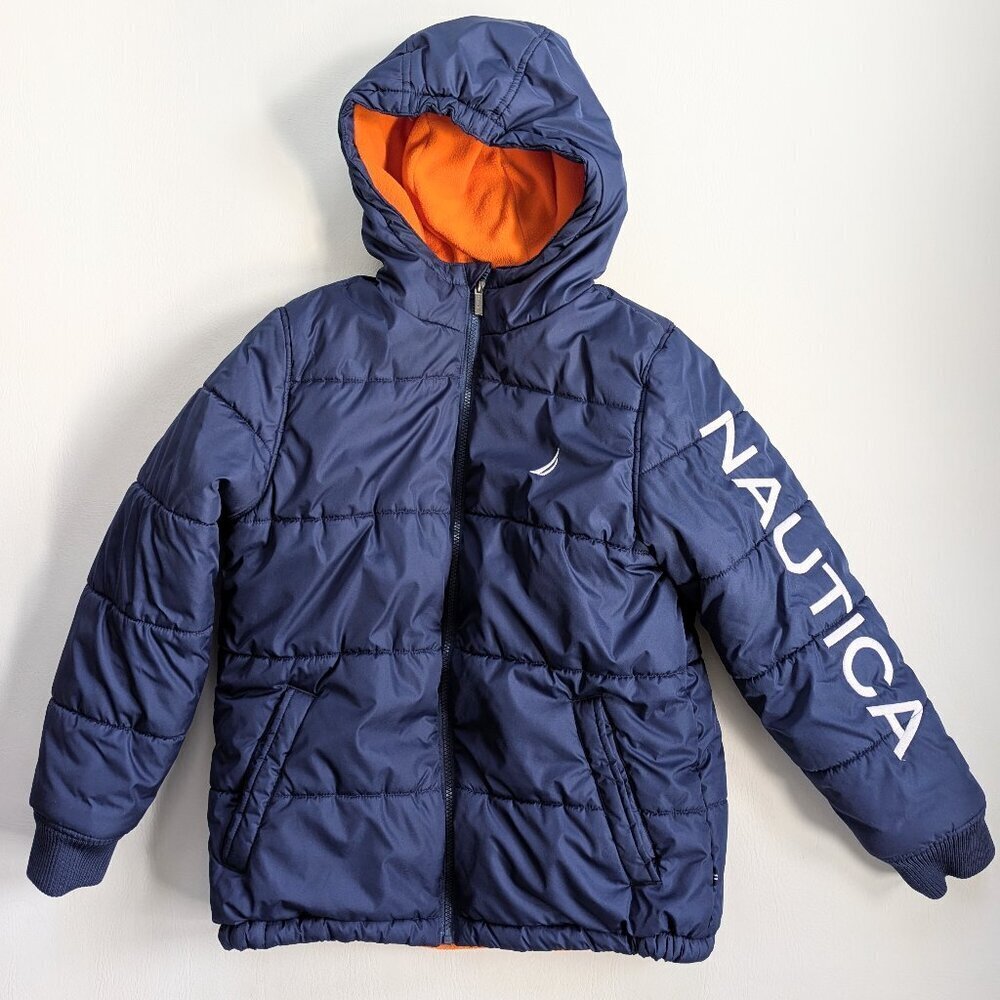 Nautica Teen Boys Puffer Jacket Fleece Lined LG 14/16 Hooded Navy